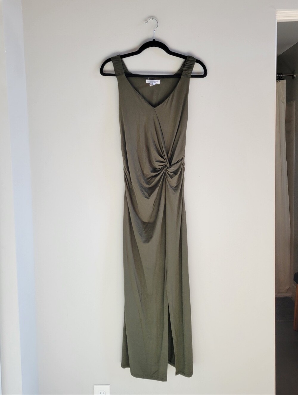 Lucky Brand Olive Green Modal Twist Knot Maxi Dress Side Slit Size Small